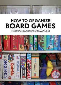 a book shelf filled with board games and plastic bins