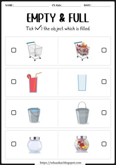 an empty and full worksheet for kids to learn how to use the same items