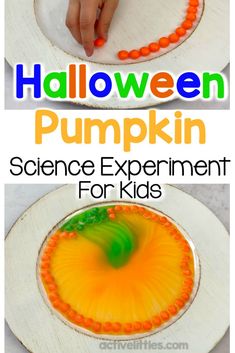 halloween pumpkin science experiment for kids with text overlay that reads, halloween pumpkin science experiment for kids