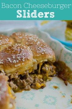 a close up of a plate of food with cheeseburger sliders on it