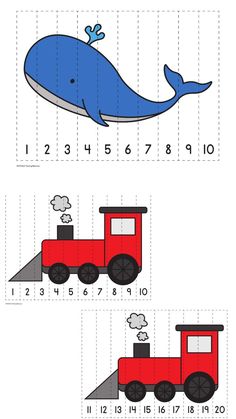 Number Puzzles 1-20 showing a whale and train Number Puzzles 1-20, Number Sequence Puzzle, 20 Number, Preschool Lesson Plan, Number Sequence, Math School, Number Activities