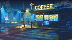 a digital painting of a coffee shop on a city street at night with traffic lights