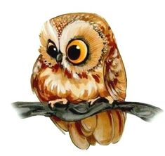 an owl sitting on top of a branch with yellow eyes and brown feathers, painted in watercolor