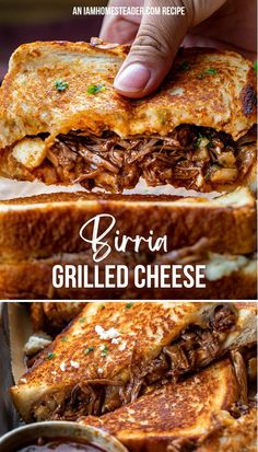 Two images of the Birria grilled cheese, one of half the sandwich being held up and one close up pf the sandwich in tray next to a cup of sauce. Birria Grilled Cheese, Sandwhich Recipes, Texas Toast, Red Enchilada Sauce, Grilled Cheese Recipes, Grilled Sandwich, Shredded Beef, Cheese Sandwich, Chapati