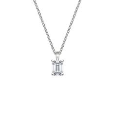 Single Bail Four Prong Pendant - 18K White Gold. A beautiful diamond is accentuated in this elegant, classic four prong pendant. The pendant dangles gracefully from a delicate cable chain. Elegant Emerald Cut Diamond Necklace For Formal Events, Elegant Vvs Clarity Emerald Cut Diamond Necklace, Elegant Baguette Cut Diamond Necklace In Prong Setting, Elegant Emerald Cut Solitaire Necklace For Wedding, Elegant Baguette Cut Solitaire Necklace, Elegant Baguette Cut Solitaire Necklace For Wedding, Elegant White Gold Necklace With Emerald Cut, Elegant White Gold Solitaire Necklace Baguette Cut, Elegant White Gold Baguette-cut Solitaire Necklace