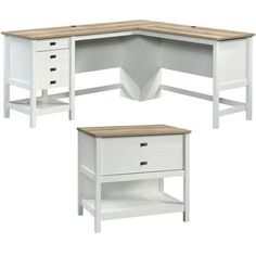 two white desks with drawers on each side and an open drawer underneath the desk