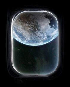 the earth seen through an airplane window in space, looking out at another planet and stars