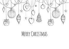 merry christmas card with ornaments hanging from strings and hearts on the string, black and white