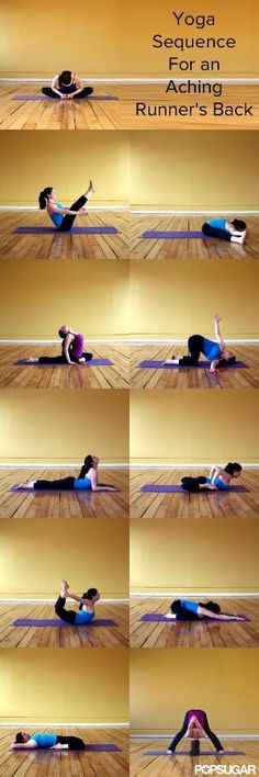 a woman doing yoga poses on the floor with her arms and legs spread out in different directions