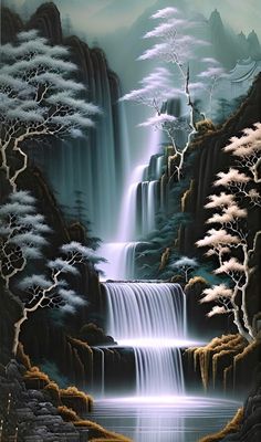 a painting of a waterfall with trees and rocks