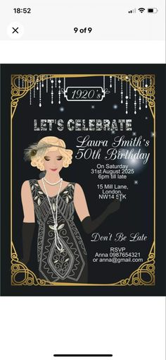 a black and gold birthday party with an image of a woman in a dress on it