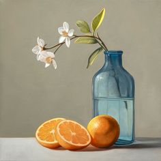 an oil painting of oranges and a blue bottle with flowers in it on a table