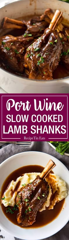 slow cooked lamb shanks with wine and gravy in a white bowl