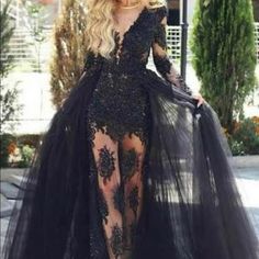 Never Worn Black Dress With Mesh, Lace, And Tulle Long Black Prom Dress, Prom Dress With Train, Cheap Prom Dresses Long, Detachable Skirt, Detachable Train, Long Sleeve Evening Dresses, 16 Dresses, Black Prom Dress