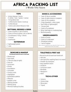 the africa packing list is shown in white and has information about what to pack for it