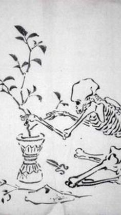 a black and white drawing of a skeleton sitting in front of a flower pot