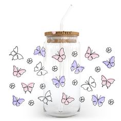 Purple Pink Butterflies 20oz Libbey Glass Can, 34oz Hip Sip, 40oz Tumbler UV DTF or Sublimation Decal Transfer - Weefers Butterfly Glass Cup, Libbey Glasses Ideas, Libbey Cup Designs, Decal Ideas For Cups, Uv Dtf Cup Wrap, Libby Cup Designs, Sublimation Cup Designs, Cricut Glass Cups, Tumbler Design Ideas