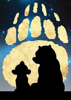 the silhouette of a bear and its cub in front of a full moon with stars