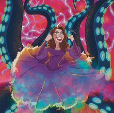 a woman in a purple dress is surrounded by octopus tentacles and stars, while she holds up her hand