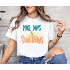 If you are looking for the perfect Pool Days, Summer Tee, Pool Days Sun Rays tee, Cute Summer Shirt, pool shirt, pool vibes t-shirt, Bell and Canvas summer shirt, or gift for her, then look no further! This tee will be your go to pool day shirt. This shirt is made using the comfort colors t-shirt brand.  It is available in 13 different colors options ranging from black and white to summer bright. The available colors are: White, Graphite, Pepper, Black, Bay, Island Reef, Chambry, Chalky Mint, Cr Pool Vibes, Cute Summer Shirts, Pool Days, Sun Rays, Summer Tee, Shirt Brand, Summer Shirts, Dye T Shirt