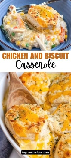 chicken and biscuit casserole in a blue dish