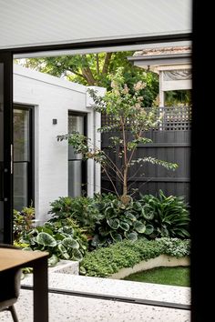 an open window shows a small garden with trees and bushes in the foreground, next to a white brick building