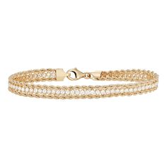 "Crafted from 14k gold, and adorned with dazzling CZ accents, this bracelet completes your look in an eye-catching way. BRACELET DETAILS Chain type: rope Clasp: lobster-claw Metal: 14k gold Finish: polished Packaging: boxed CUBIC ZIRCONIA DETAILS Shape: round Setting: prong Size: 8.5"". Color: Yellow. Gender: female. Age Group: adult." Classic Gold Sparkling Bracelets, Elegant Gold Cubic Zirconia Beaded Bracelets, Elegant 14k Gold Bracelets With Pave Setting, Elegant White Sparkling Diamond Bracelet, Elegant Yellow Gold Crystal Bracelet For Anniversary, Elegant Gold Chain Bracelet With Brilliant Cut, Sparkling Gold Tennis Bracelet For Anniversary, Elegant Yellow Gold Cubic Zirconia Beaded Bracelets, Gold Cubic Zirconia Diamond Bracelet