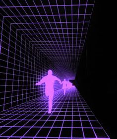 two people walking through a tunnel in the dark with purple light on them and black background