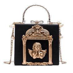 Renaissance angel inspired bag A stunning luxury and high quality vintage victorian style 3D cherub angel handbag. This angelic gold embellished purse takes influences for traditional angelcore and artsy fashion aesthetics with extravagant details, and pearls. Quality gold hardware and embellishments. 4 radiant colors to choose from. The chain is removable, you can use it as a handbag too! Designer Embellished Luxury Bags, Luxury Victorian Gold Bag, Luxury Gold Victorian Bag, Luxury Victorian Style Bags, Luxury Victorian Bags As A Gift, Victorian Handbags, Artsy Fashion, Embellished Purses, Cherub Angel