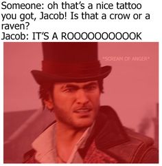 a man wearing a top hat and jacket with the caption someone oh that's a nice tattoo you got, jacob it's that a