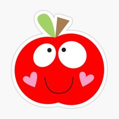 an apple sticker with hearts on its cheek and eyes drawn in the shape of a heart