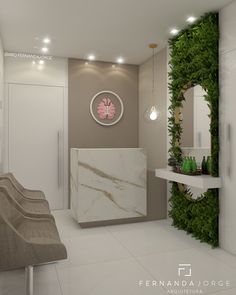 a white bathroom with green plants growing on the wall and a marble counter top in front of it