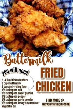 a poster advertising fried chicken on a blue and white checkered tablecloth with information about it