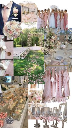 a collage of photos with pink and white wedding decorations