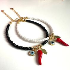 Cornicello bracelet Handmade Red Jewelry For Souvenir, Handmade Red Bracelet Souvenir, Handmade Red Bracelet As Souvenir, Evil Eye Amulet, Gift Bows, Red Chili, Blue Evil Eye, Evil Eye Charm, Exquisite Jewelry