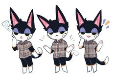 three different poses of a cat with glasses and plaid shirt on, one is wearing black pants