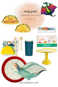 an assortment of party supplies including plates, cups and napkins with the words party guide dragon love tacos