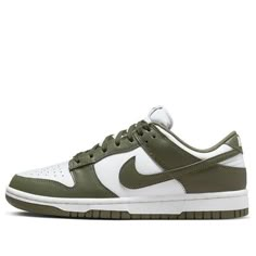 The Nike Women's Dunk Low 'Medium Olive' is the perfect blend of archival hoops style and contemporary design. Showcasing a classic two-tone color scheme, these comfortable sneakers feature a crisp white base with olive green overlays for added depth. The Nike Swoosh further accents the design in color-matched detail. Underpinned by a traditional rubber cupsole, the cushioning foam wedge provides superior comfort and impact protection, while the olive outsole ensures reliable traction when on the court. This updated version of the iconic Be True to Your School series from 1985 delivers timeless appeal with modern performance tech that make sure you stand out in style and comfort. (SNKR/Skate/Low Top/Women's/Non-Slip) Burgundy Sneakers, Dunk Lows, Low Dunks, Good Color Combinations, Shoes To Buy, Tenis Nike, Baskets Nike, Nike Brand, Sb Dunk