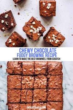 chocolate fudge brownies are shown with the words chewy chocolate fudge