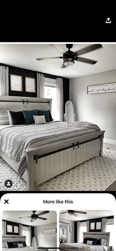 a bed room with a neatly made bed next to a window and a ceiling fan