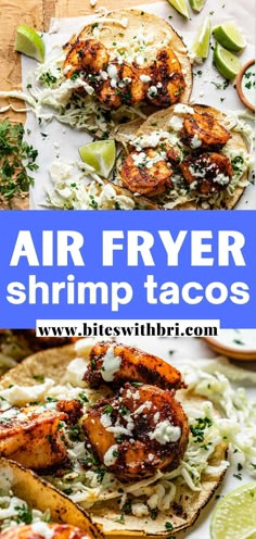 air fryer shrimp tacos with lime wedges and cilantro on the side