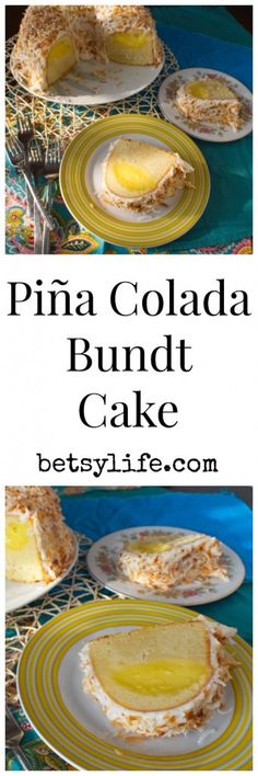 two plates with cake on them and the words pina colada bundt cake