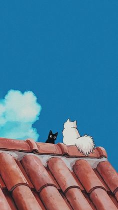 two cats sitting on the roof of a building with clouds in the sky behind them