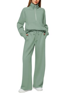 PRICES MAY VARY. 【Cozy Fabric】This sweatsuit set boasts a soft, stretchy, and free-feeling material that's silky to the touch and comfy to wear. The 2 piece loungewear set offers both style and warmth, making it the perfect outfit for your outings. Stay fashionable and snug all season. 【Chic Design】This lounge tracksuit comprises a half-zip sweatshirt and high-waist wide-leg sweatpants. With ribbed cuffs, a v-neck, drop shoulder, long sleeves with thumbholes design, and spacious pockets, it crea Half Zipper Sweatshirt, Zipper Sweatshirt, Comfy Jumpsuits, Casual Activewear, Simple Lace, Wide Leg Sweatpants, Sweatshirt Zipper, Half Zip Sweatshirt