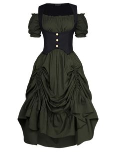 PRICES MAY VARY. 🌼Product Design: This ensemble features a two-piece design consisting of an off-shoulder Steampunk dress and a fitted vest. The dress includes a high-low hemline and a double drawstring detail, allowing for adjustable ruching that creates an asymmetrical and voluminous effect. The bodice of the dress is fitted, and the sleeves are puffed and short, adding a touch of romanticism. The vest is structured with button details, providing a flattering silhouette and a corset-like appe Ren Faire Dress, Faire Dress, Women Steampunk, Dress Medieval, Fitted Vest, Black And White Suit, Steampunk Dress, Costume Ball, Costume Women