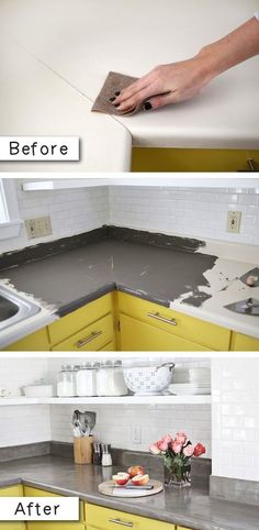 before and after photos of a kitchen countertop being painted yellow with white subway backsplash