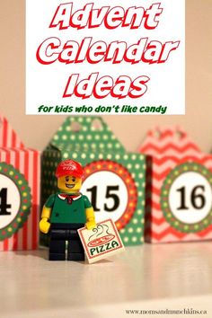 the lego man is standing in front of some candy boxes with numbers on them and an ad for calendar ideas