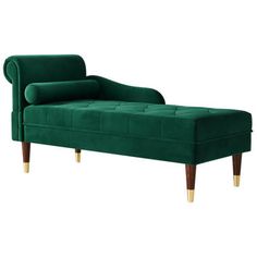 a green velvet chaise lounger with gold legs and foot rests on an isolated white background