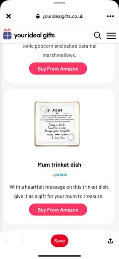 an iphone screen showing the gift card for mother's day, with text that reads mum from amazon