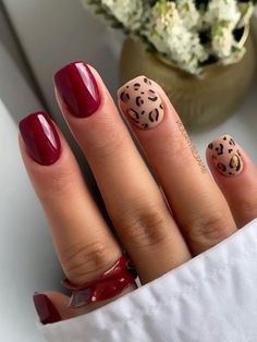 Simple Fall Manicure Ideas, Cutest Fall Nails, Womens Fall Nails, Fall Nails 2023 Maroon, Fall Nails Leopard Print, Fall Finger Nail Ideas, Leopard Nails Fall, Nashville Nails Ideas Fall, Fall Dip Manicure Ideas